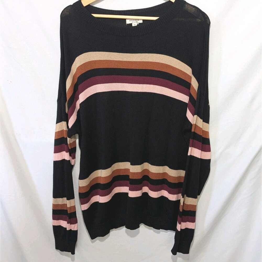Andrée by Unit Retro Boho Striped Pullover Sweater Black Multi Color Plus Sz 2X